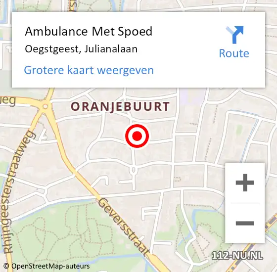 Locatie op kaart van de 112 melding: Ambulance Met Spoed Naar Oegstgeest, Julianalaan op 12 januari 2022 05:20