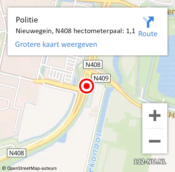 Locatie op kaart van de 112 melding: Politie Nieuwegein, N408 hectometerpaal: 1,1 op 12 januari 2022 13:48