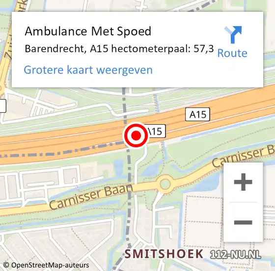Locatie op kaart van de 112 melding: Ambulance Met Spoed Naar Barendrecht, A15 hectometerpaal: 57,3 op 13 januari 2022 11:23