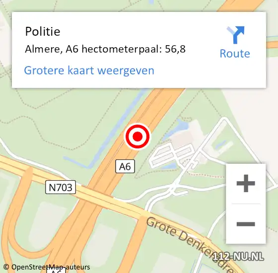 Locatie op kaart van de 112 melding: Politie Almere, A6 hectometerpaal: 56,8 op 14 januari 2022 09:46