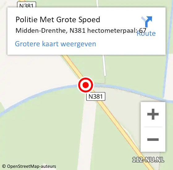 Locatie op kaart van de 112 melding: Politie Met Grote Spoed Naar Midden-Drenthe, N381 hectometerpaal: 67 op 14 januari 2022 13:13