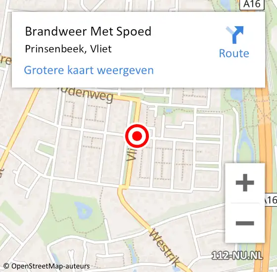 Locatie op kaart van de 112 melding: Brandweer Met Spoed Naar Prinsenbeek, Vliet op 15 januari 2022 09:42