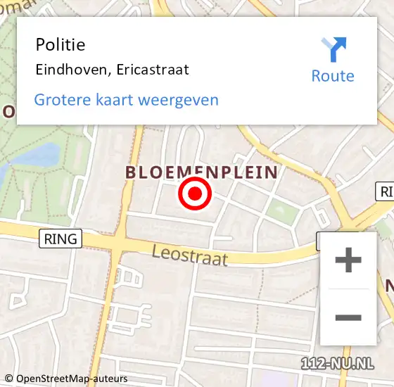 Locatie op kaart van de 112 melding: Politie Eindhoven, Ericastraat op 16 januari 2022 20:13