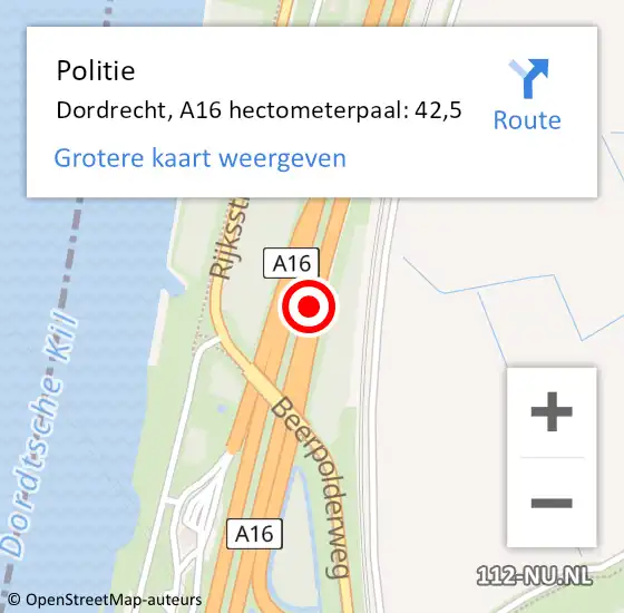 Locatie op kaart van de 112 melding: Politie Dordrecht, A16 hectometerpaal: 42,5 op 17 januari 2022 06:46