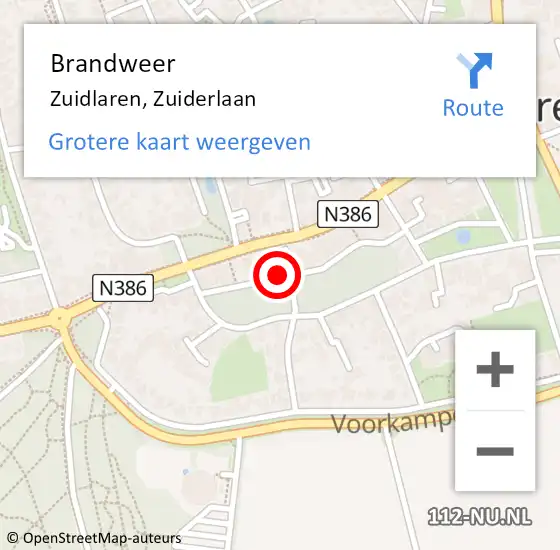 Locatie op kaart van de 112 melding: Brandweer Zuidlaren, Zuiderlaan op 18 januari 2022 13:32