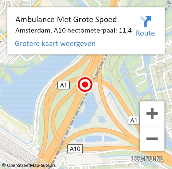 Locatie op kaart van de 112 melding: Ambulance Met Grote Spoed Naar Amsterdam, A10 hectometerpaal: 11,4 op 18 januari 2022 15:59