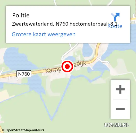 Locatie op kaart van de 112 melding: Politie Zwartewaterland, N760 hectometerpaal: 8,1 op 19 januari 2022 07:49