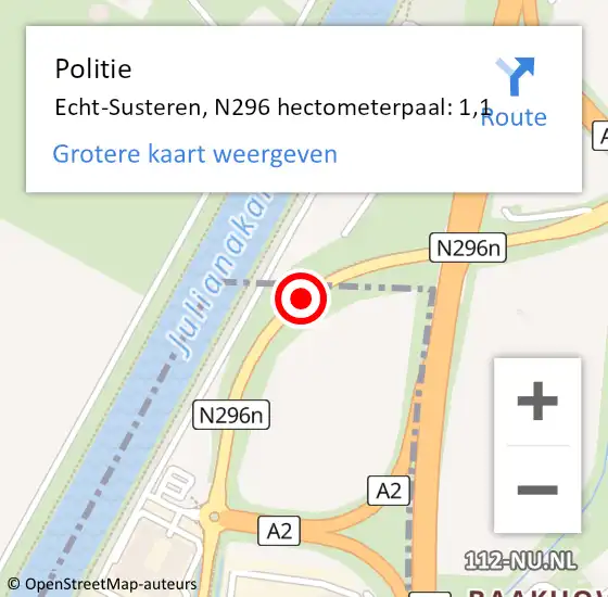 Locatie op kaart van de 112 melding: Politie Echt-Susteren, N296 hectometerpaal: 1,1 op 19 januari 2022 15:25