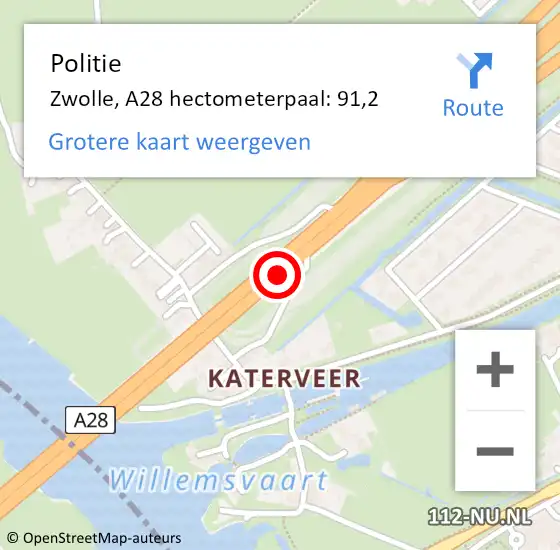 Locatie op kaart van de 112 melding: Politie Zwolle, A28 hectometerpaal: 91,2 op 19 januari 2022 18:07