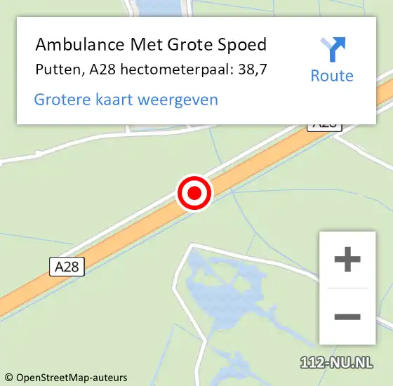 Locatie op kaart van de 112 melding: Ambulance Met Grote Spoed Naar Putten, A28 hectometerpaal: 38,7 op 19 januari 2022 23:06