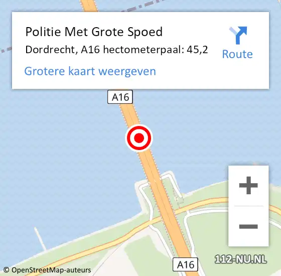 Locatie op kaart van de 112 melding: Politie Met Grote Spoed Naar Dordrecht, A16 hectometerpaal: 45,2 op 20 januari 2022 16:06