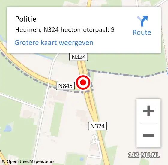 Locatie op kaart van de 112 melding: Politie Heumen, N324 hectometerpaal: 9 op 21 januari 2022 11:05