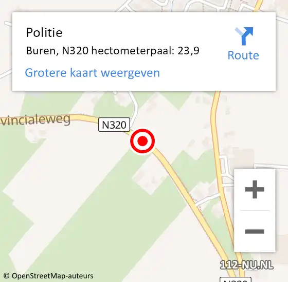 Locatie op kaart van de 112 melding: Politie Buren, N320 hectometerpaal: 23,9 op 21 januari 2022 14:41