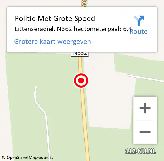 Locatie op kaart van de 112 melding: Politie Met Grote Spoed Naar Littenseradiel, N362 hectometerpaal: 6,4 op 22 januari 2022 08:07