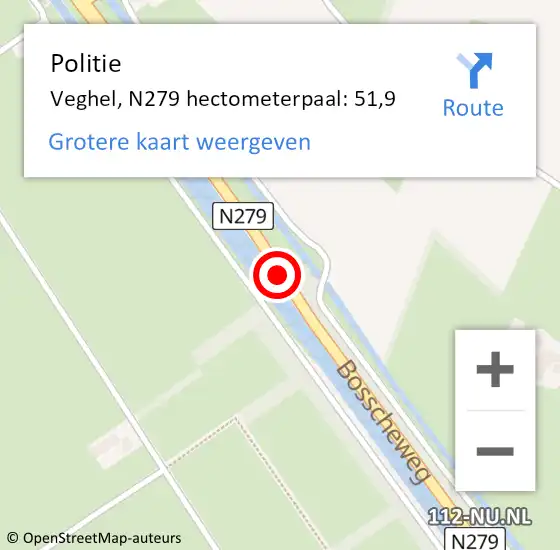 Locatie op kaart van de 112 melding: Politie Veghel, N279 hectometerpaal: 51,9 op 24 januari 2022 09:15