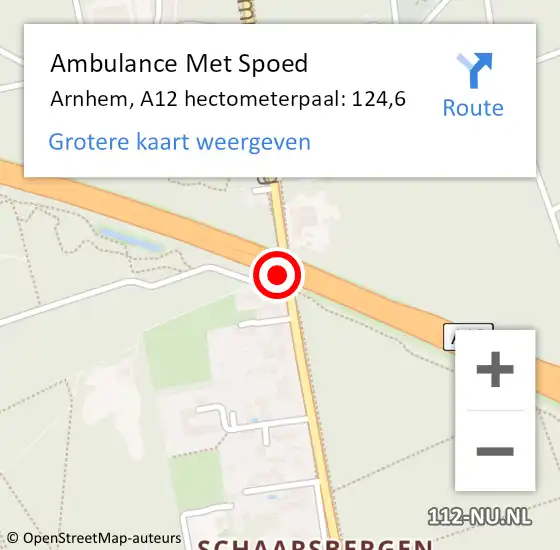 Locatie op kaart van de 112 melding: Ambulance Met Spoed Naar Arnhem, A12 hectometerpaal: 124,6 op 24 januari 2022 19:36