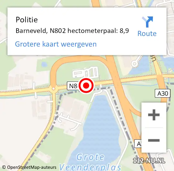 Locatie op kaart van de 112 melding: Politie Barneveld, N802 hectometerpaal: 8,9 op 25 januari 2022 19:27