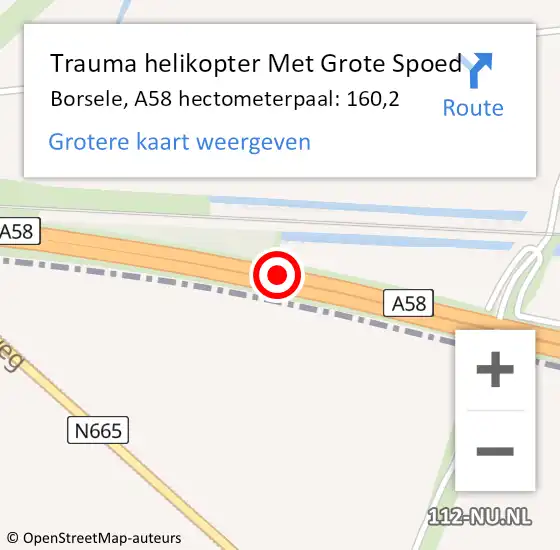 Locatie op kaart van de 112 melding: Trauma helikopter Met Grote Spoed Naar Borsele, A58 hectometerpaal: 160,2 op 25 januari 2022 20:25