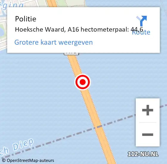 Locatie op kaart van de 112 melding: Politie Dordrecht, A16 hectometerpaal: 44,6 op 27 januari 2022 14:28