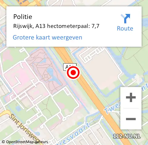 Locatie op kaart van de 112 melding: Politie Rijswijk, A13 hectometerpaal: 7,7 op 29 januari 2022 08:44