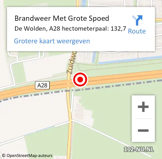 Locatie op kaart van de 112 melding: Brandweer Met Grote Spoed Naar De Wolden, A28 hectometerpaal: 132,7 op 29 januari 2022 16:39