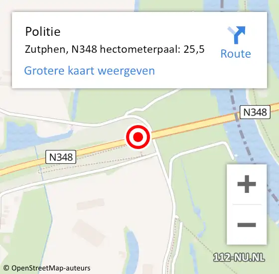 Locatie op kaart van de 112 melding: Politie Brummen, N348 hectometerpaal: 25,5 op 30 januari 2022 02:37
