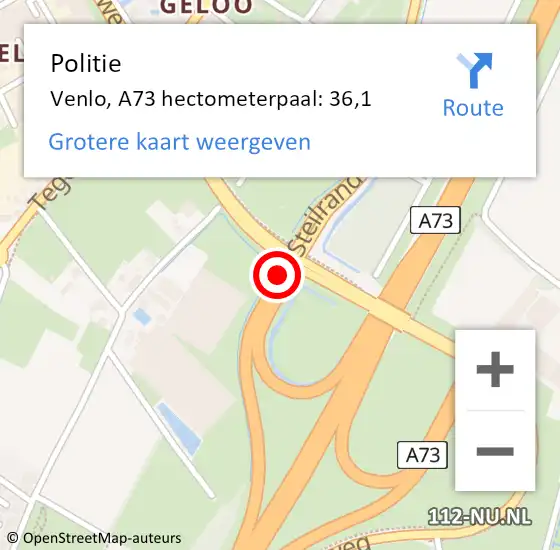 Locatie op kaart van de 112 melding: Politie Venlo, A73 hectometerpaal: 36,1 op 30 januari 2022 13:43
