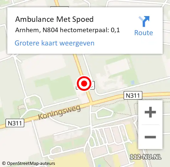 Locatie op kaart van de 112 melding: Ambulance Met Spoed Naar Arnhem, N804 hectometerpaal: 0,1 op 30 januari 2022 19:02