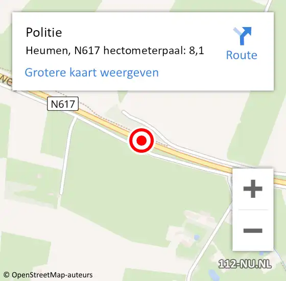 Locatie op kaart van de 112 melding: Politie Heumen, N617 hectometerpaal: 8,1 op 31 januari 2022 14:22
