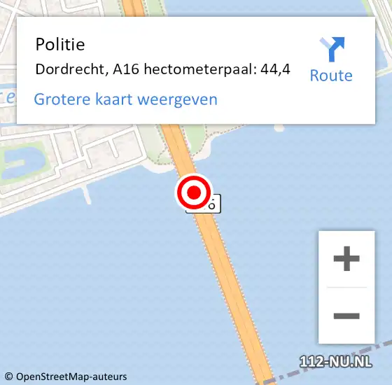 Locatie op kaart van de 112 melding: Politie Dordrecht, A16 hectometerpaal: 44,4 op 31 januari 2022 15:59