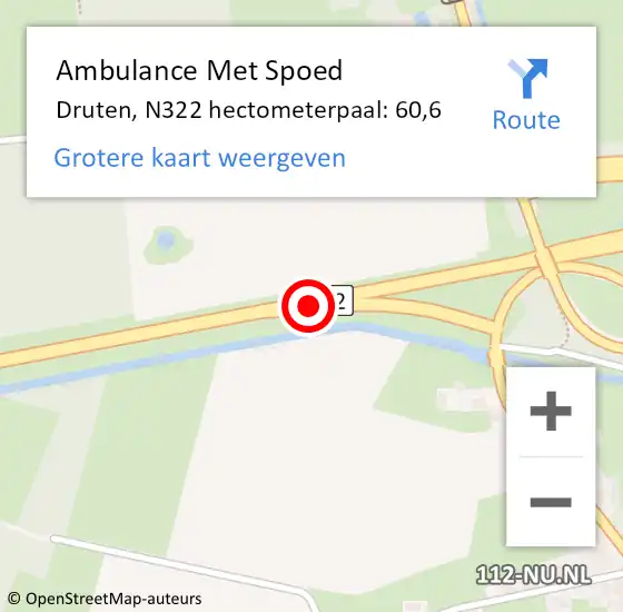 Locatie op kaart van de 112 melding: Ambulance Met Spoed Naar Druten, N322 hectometerpaal: 60,6 op 31 januari 2022 18:45