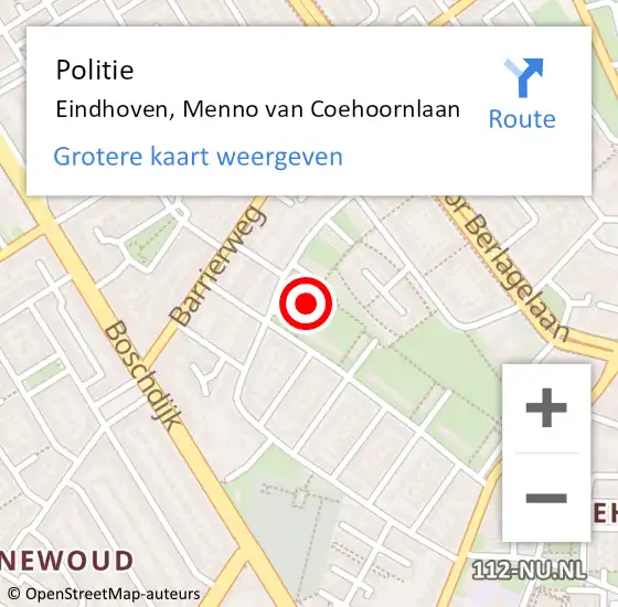 Locatie op kaart van de 112 melding: Politie Eindhoven, Menno van Coehoornlaan op 1 februari 2022 10:12