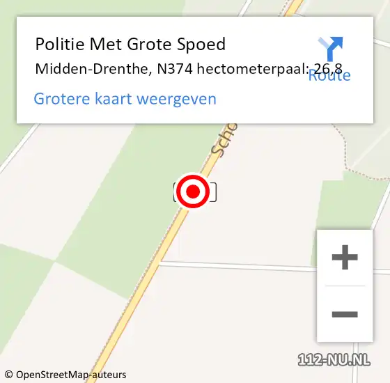 Locatie op kaart van de 112 melding: Politie Met Grote Spoed Naar Midden-Drenthe, N374 hectometerpaal: 26,8 op 1 februari 2022 15:09