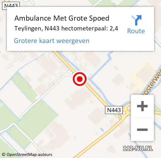 Locatie op kaart van de 112 melding: Ambulance Met Grote Spoed Naar Teylingen, N443 hectometerpaal: 2,4 op 1 februari 2022 15:17