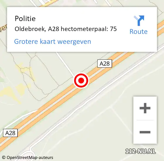 Locatie op kaart van de 112 melding: Politie Oldebroek, A28 hectometerpaal: 75 op 1 februari 2022 19:07