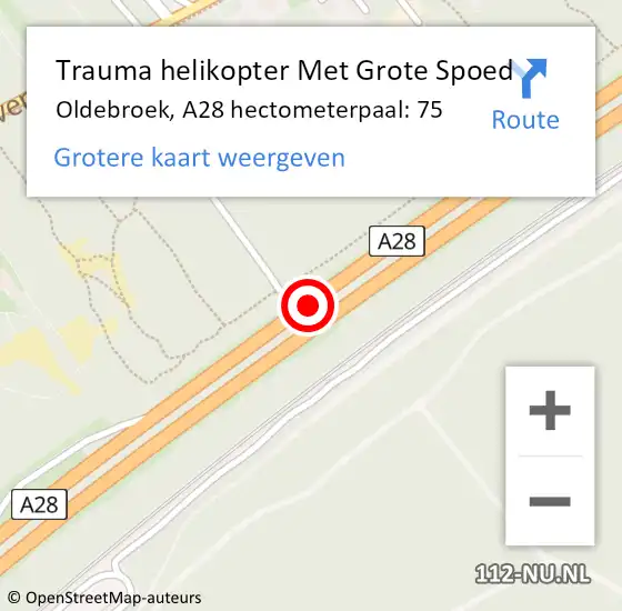 Locatie op kaart van de 112 melding: Trauma helikopter Met Grote Spoed Naar Oldebroek, A28 hectometerpaal: 75 op 1 februari 2022 19:11