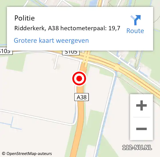 Locatie op kaart van de 112 melding: Politie Ridderkerk, A38 hectometerpaal: 19,7 op 1 februari 2022 20:27