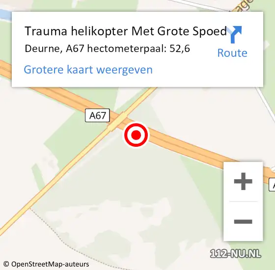 Locatie op kaart van de 112 melding: Trauma helikopter Met Grote Spoed Naar Deurne, A67 hectometerpaal: 52,6 op 2 februari 2022 10:21