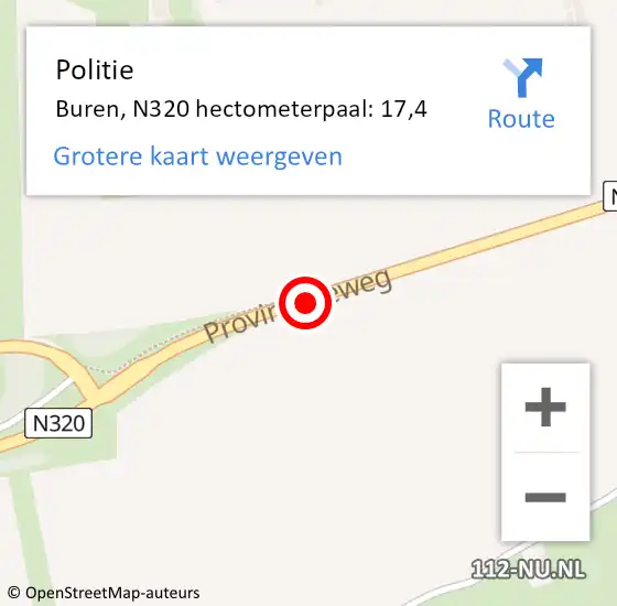 Locatie op kaart van de 112 melding: Politie Buren, N320 hectometerpaal: 17,4 op 2 februari 2022 13:08