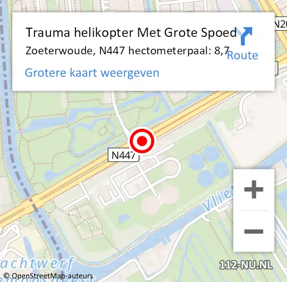 Locatie op kaart van de 112 melding: Trauma helikopter Met Grote Spoed Naar Zoeterwoude, N447 hectometerpaal: 8,7 op 3 februari 2022 16:37