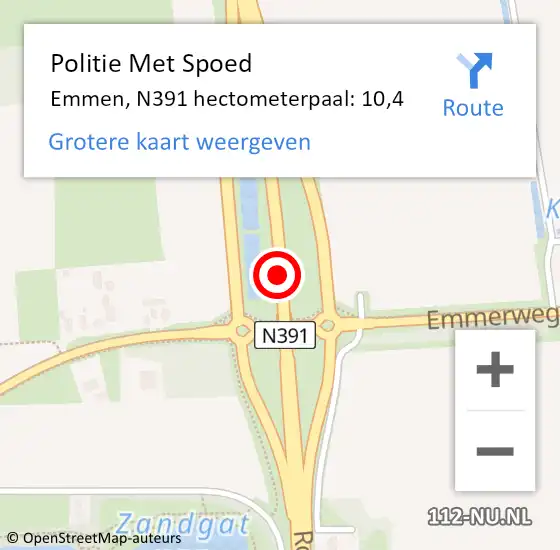 Locatie op kaart van de 112 melding: Politie Met Spoed Naar Emmen, N391 hectometerpaal: 10,4 op 3 februari 2022 19:46