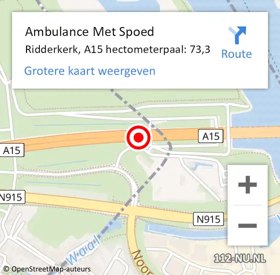 Locatie op kaart van de 112 melding: Ambulance Met Spoed Naar Ridderkerk, A15 hectometerpaal: 73,3 op 4 februari 2022 15:05