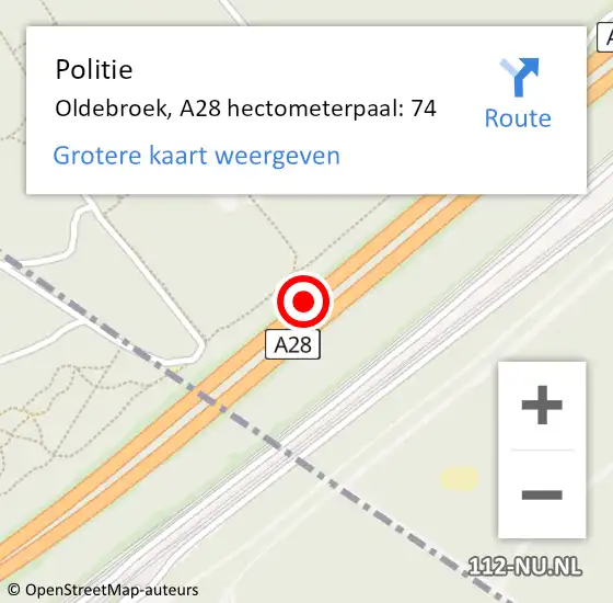 Locatie op kaart van de 112 melding: Politie Oldebroek, A28 hectometerpaal: 74 op 4 februari 2022 20:07