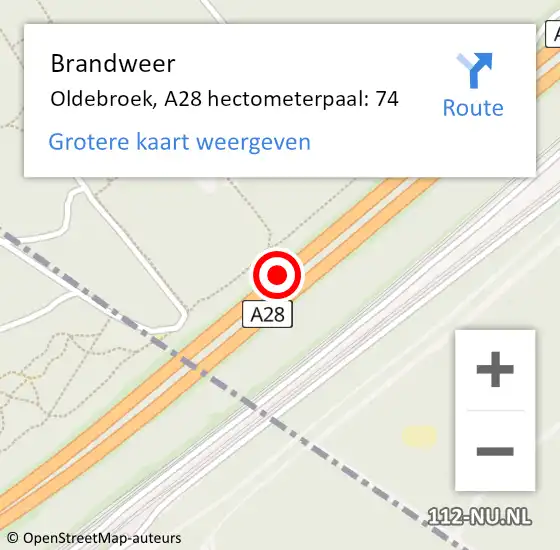 Locatie op kaart van de 112 melding: Brandweer Oldebroek, A28 hectometerpaal: 74 op 4 februari 2022 20:10
