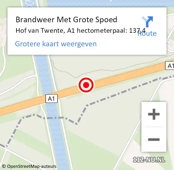 Locatie op kaart van de 112 melding: Brandweer Met Grote Spoed Naar Hof van Twente, A1 hectometerpaal: 137,4 op 5 februari 2022 05:44