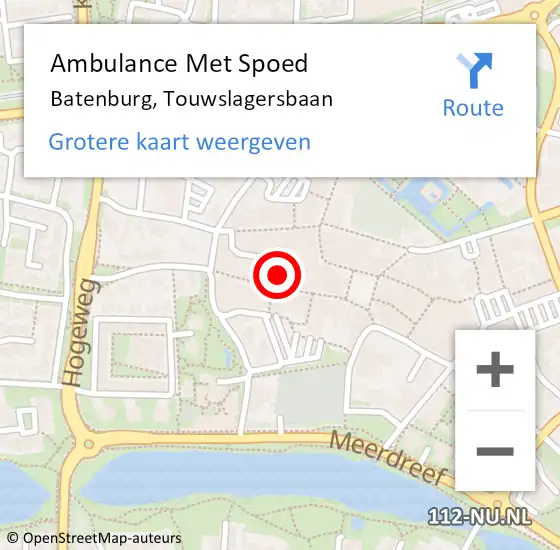 Locatie op kaart van de 112 melding: Ambulance Met Spoed Naar Batenburg, Touwslagersbaan op 5 februari 2022 16:24