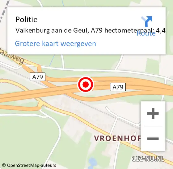Locatie op kaart van de 112 melding: Politie Valkenburg aan de Geul, A79 hectometerpaal: 4,4 op 6 februari 2022 05:43