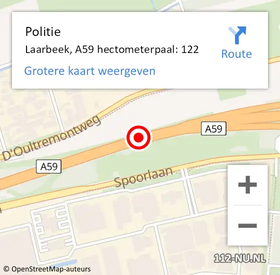 Locatie op kaart van de 112 melding: Politie Laarbeek, A59 hectometerpaal: 122 op 6 februari 2022 11:57