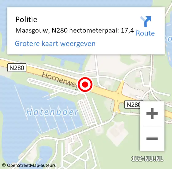 Locatie op kaart van de 112 melding: Politie Maasgouw, N280 hectometerpaal: 17,4 op 6 februari 2022 18:50