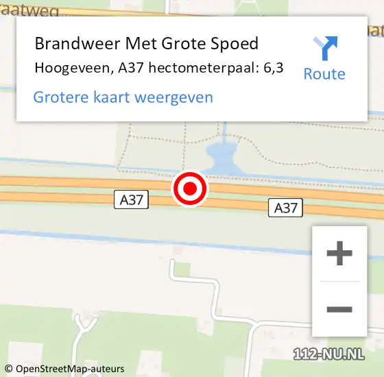 Locatie op kaart van de 112 melding: Brandweer Met Grote Spoed Naar Hoogeveen, A37 hectometerpaal: 6,3 op 7 februari 2022 06:28